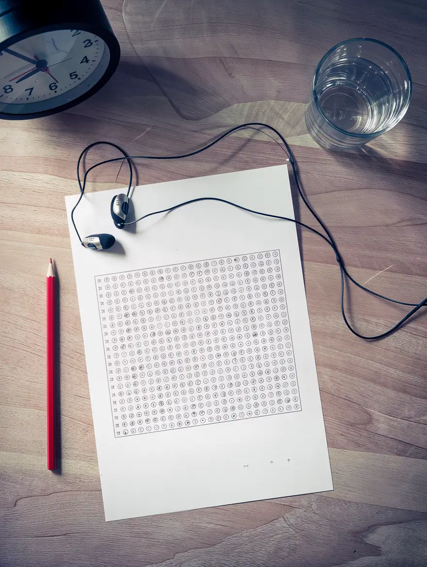 Een antwoordblad op een houten bureau met een wekker en oordopjes