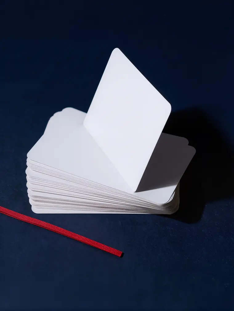 Een uitgewaaierd stapeltje blanco witte woordkaarten met één kaart rechtop