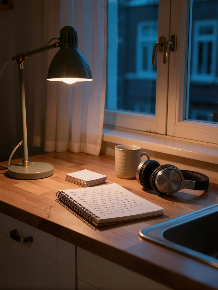 ’s Avonds Nederlands leren aan de keukentafel — schrift, woordkaarten en koptelefoon